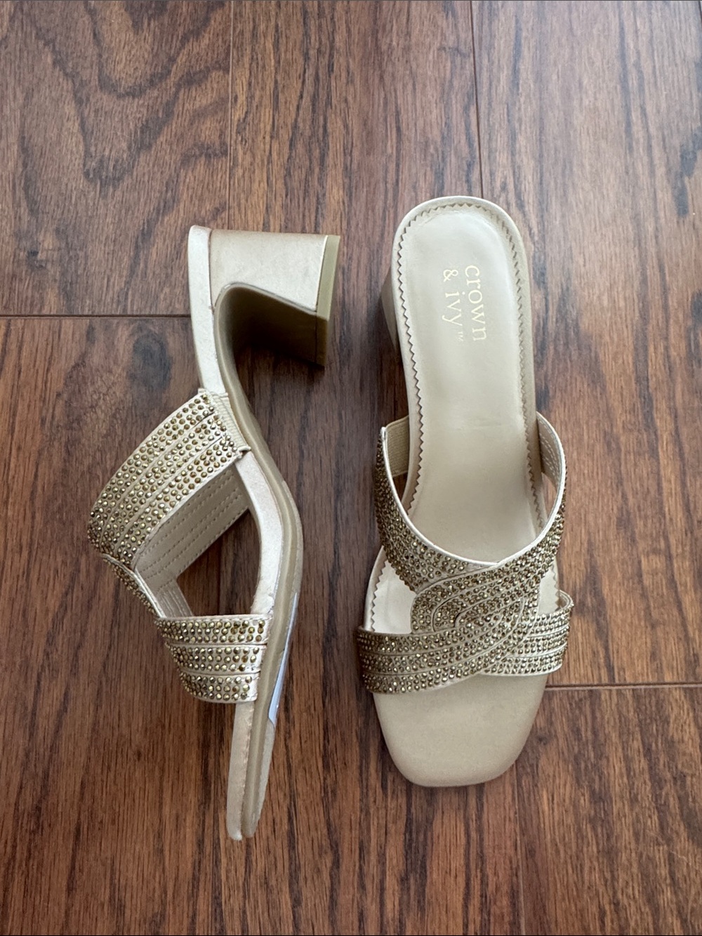 crown & ivy Gold Tommie Block Heel Slide sandals